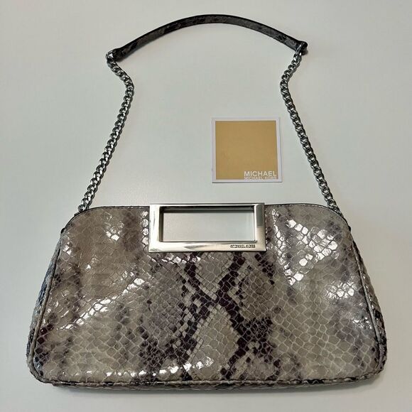 MICHAEL KORS Snakeskin Leather Clutch Chain Shoulder Bag Gray Silver - Picture 1 of 14